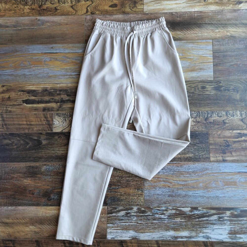 LANE 201 Faux Leather High Waist Chic Pants Drawstring Elastic Waist Beige